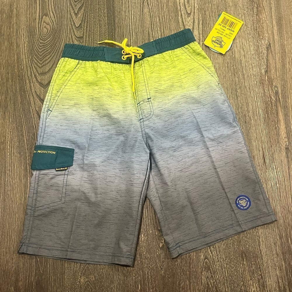 NWT Banana Boat Shorts Board Surf Stretch UPF 50 Swim Gray Yellow Size Small
